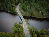 Aerial view of winding road and bridge through lush forest,Sooke,British Columbia,Canada