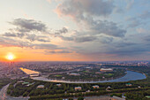 Aerial panoramic view of Moscow downtown with residential areas along the Moskva River at sunrise,Moscow,Moscow Oblast,Russia