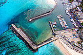 Aerial view of Saint Gilles Harbour and boats,Saint Paul City,Reunion Island,Indian Ocean