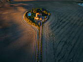 Luftaufnahme des Viale dei Cipressi mit Zypressen und Ackerland bei Sonnenuntergang,Castiglione d'Orcia,Italien