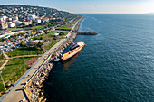 Aerial view of shipwreck and park in Maltepe district on the Marmara Sea coast of the Asian side of Istanbul,Turkey