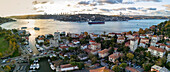 Aerial view of anadolu hisari with anatolian fortress and rumeli fortress along the bosphorus at sunset,istanbul,turkey
