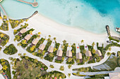 Male,Maldives - 09 September 2021: Aerial View Of Wooden Villas Along White Sand Beach At Hard Rock Luxury Resort In The South Male Atoll,Maldives