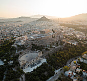 Aerial view of the ancient Acropolis with beautiful temples and historic theater,Athens,Greece