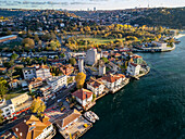 Aerial view of the beautiful Anadolu Hisari and historic Anatolian Fortress along the scenic Bosphorus with Goksu Creek,Istanbul,Turkey
