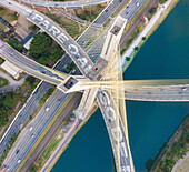 Sao Paulo,Brazil - 07 July 2021: Aerial Top Down View Of Pinheiros River And Cable Stay Bridge Structure During Rush Hour In Central Business District Of Sao Paulo,Brazil