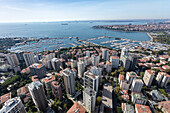 Aerial view of Kalamis Marina and high-rise buildings in Fenerbahce district on the Marmara Sea coast of the Asian side of Istanbul,Turkey