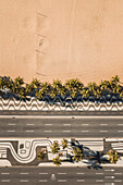 Aerial Top Down View Of Palm Trees On Empty Copacabana Beach,Alongside Famous Mosaic Sidewalk And Avenida Atlantica Road,During Coronavirus Lockdown In Rio De Janeiro,Brazil