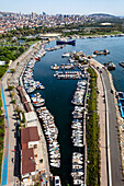 Aerial view of boats and park in Maltepe district on the Marmara Sea coast of the Asian side of Istanbul,Turkey