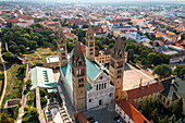 Aerial view of beautiful historic architecture and rooftops in the old town,Pecs,Hungary