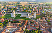 Aerial view of leaning tower of Pisa at sunrise in Italy