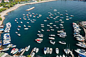 Aerial view of boats in Suadiye district on the Marmara Sea coast of the Asian side of Istanbul,Turkey
