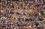 Aerial view of people feeding animals at Goru Hate,a cattle selling point in Sherpur,Rajshahi province,Bangladesh