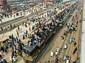 View of many people going home for a local traditional festival waiting for the train at Dhaka train station,Bangladesh