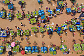 Shibganj,Bangladesh - 14 June 2019: Aerial view of a few people working at Kansat mango Bazar,the largest mango market in the world,Shibganj province,Bangladesh