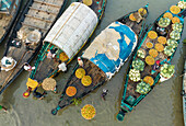 Aerial view of people working on traditional boats trading fruits along the river,Keraniganj,Dhaka,Bangladesh