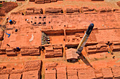 Dhamrai,Bangladesh - 26 March 2019: Aerial view of a few people working in a brick factory,Dhaka province,Bangladesh