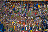 Aerial view of people working and trading at Rahman fish market along Karnaphuli river,Chittagong,Bangladesh