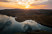 Aerial view of Lake Argyle at sunset with boats,Western Australia,Australia
