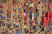 Aerial view of people working and trading at Rahman market along Karnaphuli river,Chittagong,Bangladesh