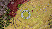 Luftaufnahme einer farbenfrohen Agrarlandschaft im Frühling, Edin's Broch, Duns, Schottland, Vereinigtes Königreich