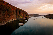 Aerial view of Lake Argyle at sunset with boats,Western Australia,Australia