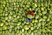 Dhaka,Bangladesh - 11 April 2019: Aerial view of a person holding a green watermelon on a commercial boat at Old Dhaka river port along Buriganga river in Dhaka,Bangladesh