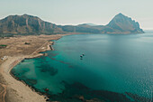 Panoramic aerial view of Macari beach and Mount Cofano,Sicily,Italy