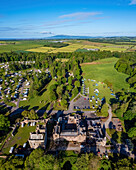 Aerial view of countryside meadow and trees,Hoddom Castle Caravan Park,Lockerbie,Scotland,United Kingdom