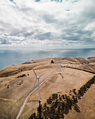 Aerial view of wind turbines on the hill at Starfish Hill Wind Farm along the coast facing St. Vincent Gulf in South Australia region,Australia