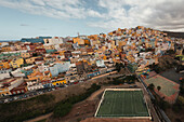 Aerial view of a soccer pitch and a little town,Las Coloradas,Spain