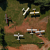 Aerial view of a bunch of ultralight airplanes parked in a private airfield in Senago,Lombardy,Italy