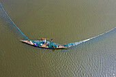 Shahjadpur,Bangladesh - 13 July 2020: Aerial view of people cleaning a flooded area from seaweeds using a big net,Rajshahi state,Bangladesh