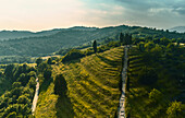 Aerial view of a beautiful landscape with an idyllic stepped hill in the foreground illuminated by late afternoon light in the Po Valley,Italy