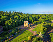 Aerial view of lush greenery and old building at Prestongrange Museum,Prestonpans,Scotland