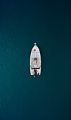 Aerial view of a speedboat from the top moored in the Ionian Sea,Calabria,Italy