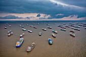 Aerial view of Cargo ships sailing the Karnaphuli river,Chittagong,Bangladesh