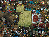 Shibganj,Bangladesh - 19 December 2021: Aerial view of people in a food market in Shibganj,Rajshahi state,Bangladesh