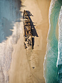 Aerial view of the Maheno Shipwreck washed up on the beach,Fraser Island,Queensland,Australia. Top down perspective