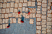 Aerial view of Women at work on the preparation of natural fabric,Barga,Rajshahi,Bangladesh