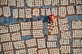 Aerial view of Women at work on the preparation of natural fabric,Barga,Rajshahi,Bangladesh