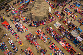 Aerial view of people working and trading at Rahman market along Karnaphuli river,Chittagong,Bangladesh