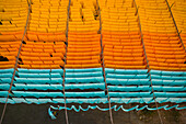 Aerial view of colourful cloth hanged at the thread in a public laundry in Narayanganj,Dhaka,Bangladesh