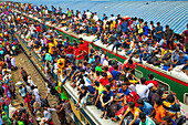 Dhaka,Bangladesh - 14 June 2018: View of many people going home for a local traditional festival waiting for the train at Dhaka train station,Bangladesh