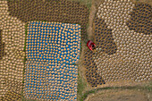 Aerial view of a woman patiently hand working with clay pots in Rajshahi state,Bangladesh