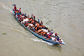 Narayanganj,Bangladesh - 19 July 2021: Aerial view of cattle squeezed on a boat crossing the river in Narayanganj,Bangladesh