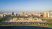 Aerial view of Flag Island and cityscape in Khalid Lake,Dubai,UAE