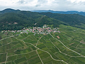 Luftaufnahme eines malerischen Dorfes, umgeben von üppigen Weinbergen und Feldern mit Bergen im Hintergrund, Eguisheim, Frankreich