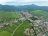 Luftaufnahme von malerischen Weinbergen und ländlichen Häusern, umgeben von üppigen Feldern und Bergen, Ribeauville, Frankreich