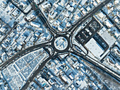 Aerial view of falling snow in the residential area Kingersheim,Mulhouse,Alsace,France